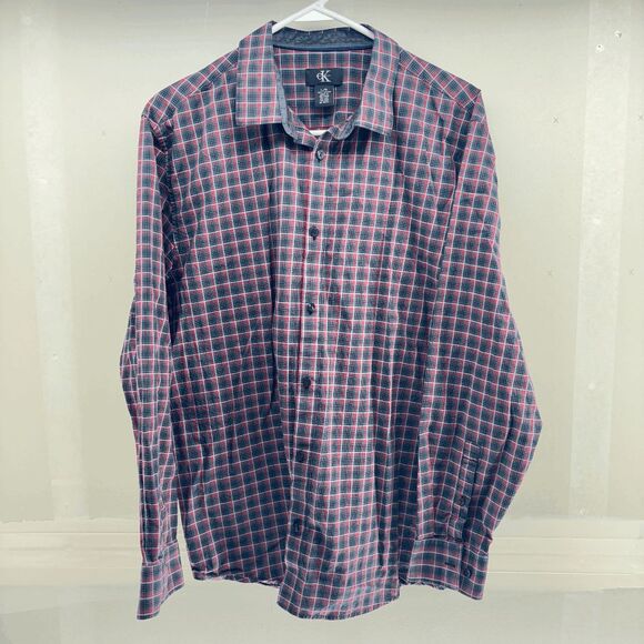 Calvin Klein Mens Large Poplin Red Black Plaid Small Pattern Long Sleeve Button - Picture 1 of 3